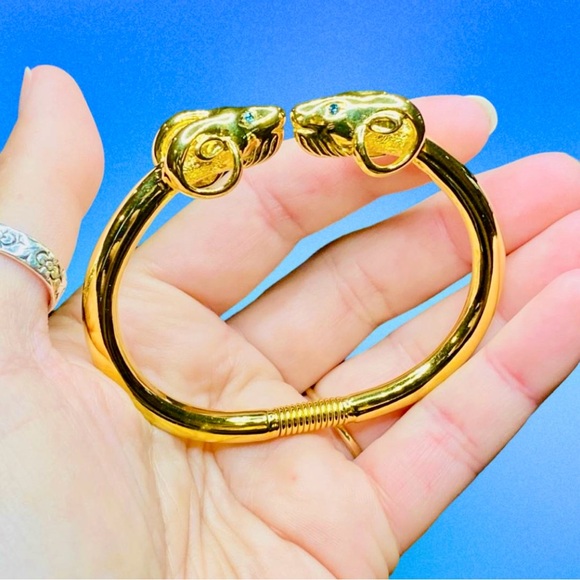 Vintage KJL 22kt Gold Plated Double Rams Head Bracelet w/ Blue Crystal Eyes - Picture 6 of 13